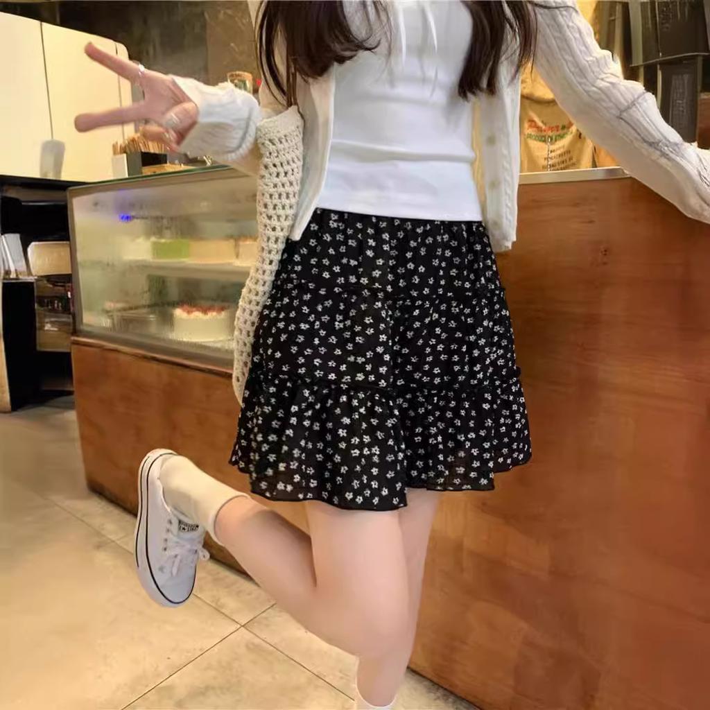 Black Floral Skirt Women's Summer New Temperament Cake Skirt Skirt Skirt Small A-word Skirt Short Skirt