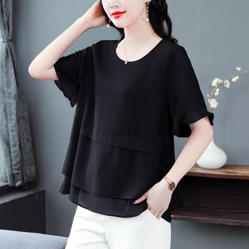 Covering Belly Chiffon Shirt for Women Short Sleeves Mid-length Summer Large Size Fashionable Small Shirt Middle-aged Mother Loose Fat Mm Top
