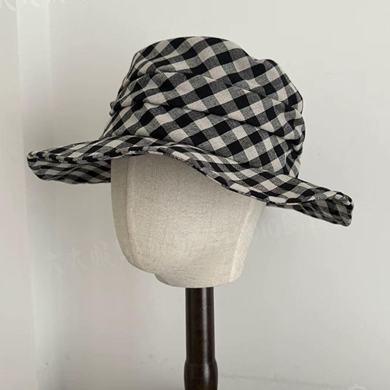 Japanese Wind Striped Pleated Bucket Hat Spring Summer Design Sense Niche Plaid Cotton Linen Breathable Sunscreen Basin Sun Hat