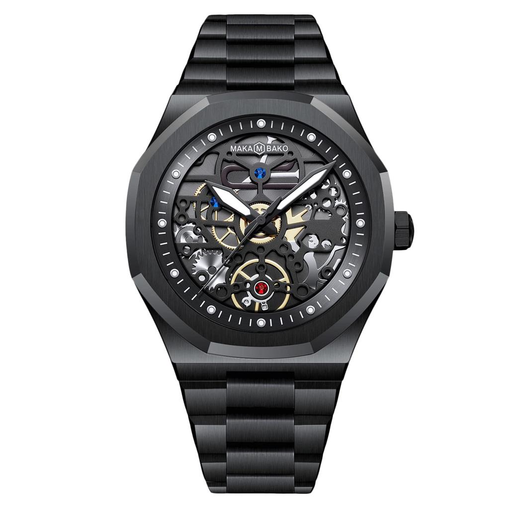 Reloj RORIOS Reloj Elegante Impermeable Calado Reloj de Negocios Casual Cuarzo Analógico Reloj Popular para Hombre Correa de Acero Inoxidable Negro Para Hombre de Hombre -