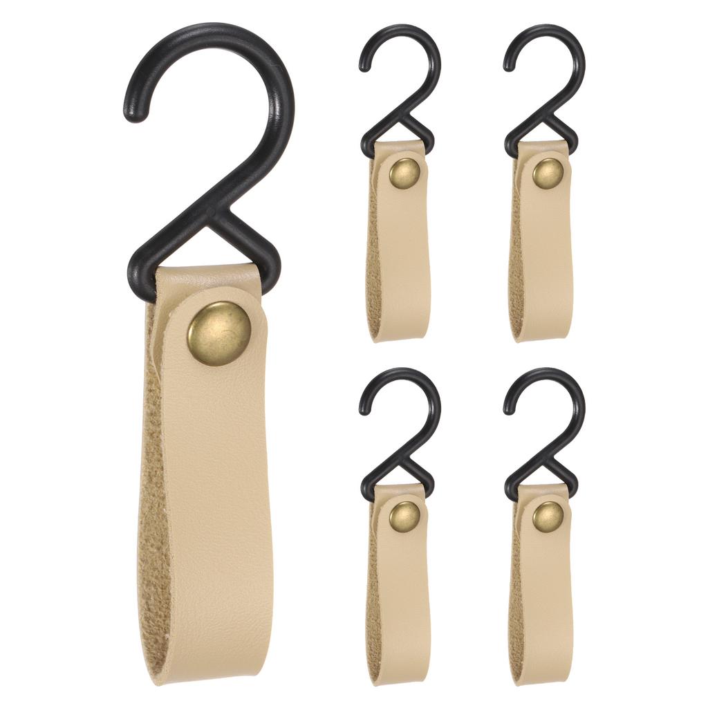 5pcs PU Leather Hooks, Leather Straps with Hooks, S-Shape Hooks for Outdoor Camping Kitchen Bathroom Hanging Pots Pans Utensils