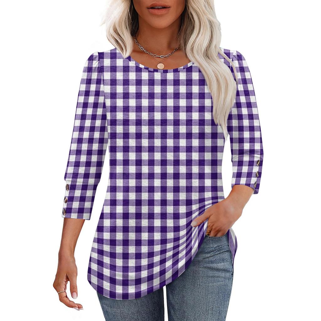 Women Casual Loose Fit Round Neck Three Quarter Sleeve Striped Blouse Button Detail Lightweight Top for Everyday Wear