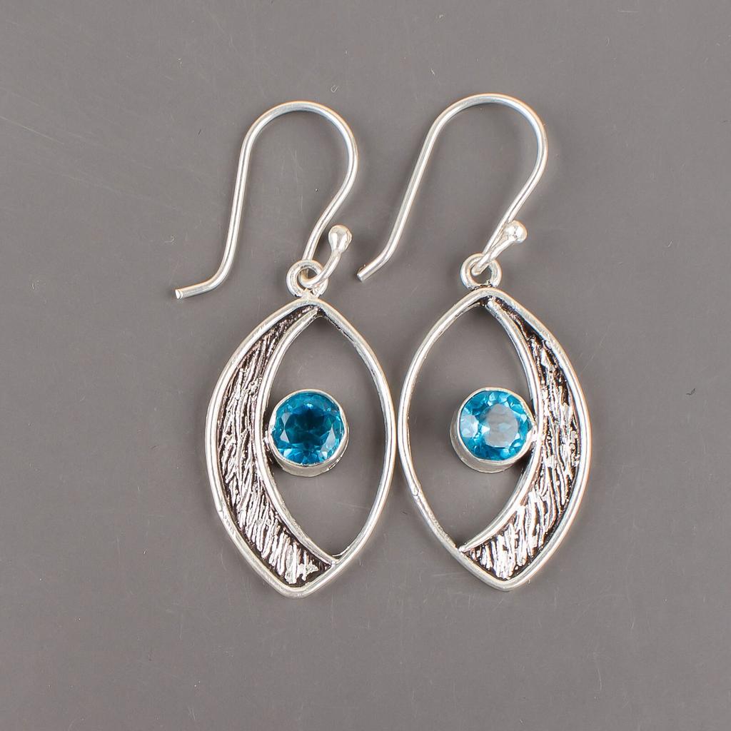 Swiss Blue Topaz Gemstone 925 Sterling Silver Jewelry Handcrafted Earrings 1.60" EE-61-4