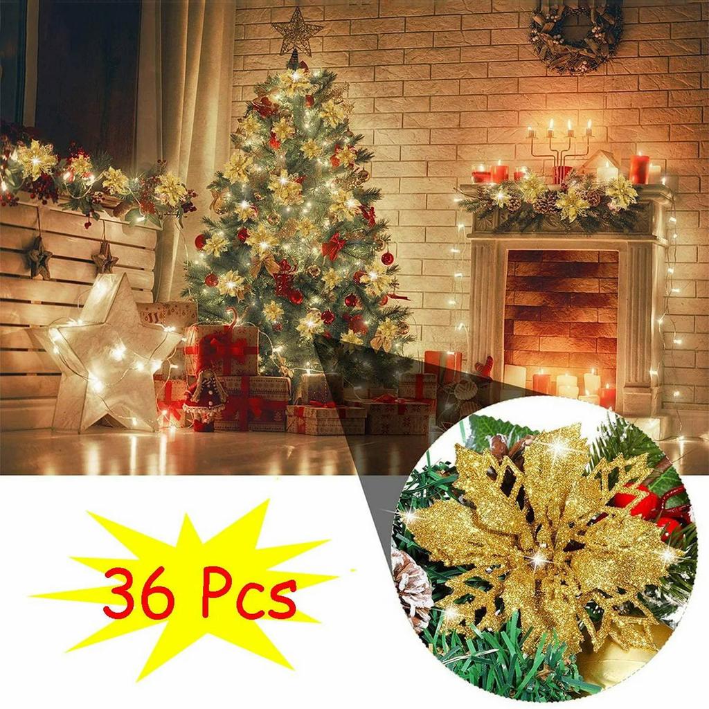 Set Of 36 Pcs Christmas Poinsettia Flowers Ornaments Glitter Floral Accessories Xmas Wreath Tree Decorations For Party Home Wedding