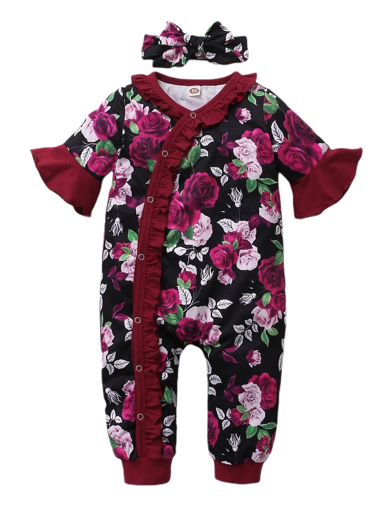

Romper Jumpsuit Baby Rose Print Floral Headband Ruffle Set 7693 Black 74 [Misia Luxury] 2-Piece (6-9 Months) чёрный