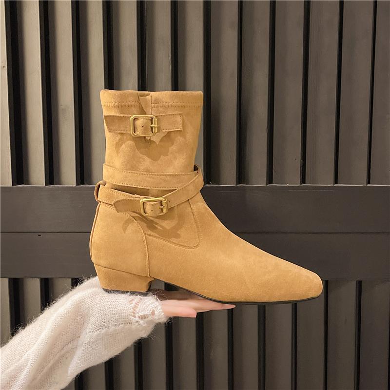 

Belt Buckle Booties Autumn New Square Toe Scrub Sleeve Soft Sole Anti-Slip Wear-Resistant Low Heel Shoes 35 жёлтый