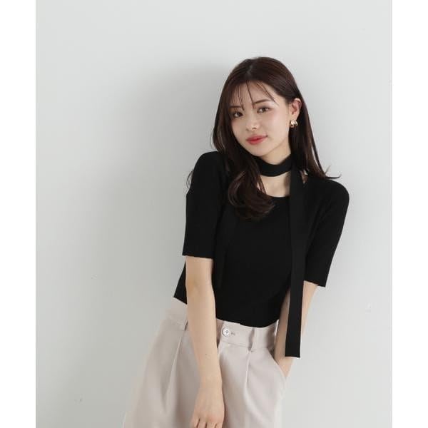Proportion Body Dressing Ribbed Knit Sweater with Gray Women's Choker,