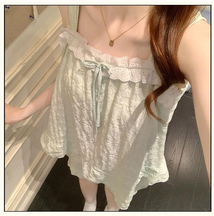 2026 Summer Woven Cloud Cotton Pajama Set with Chest Pads - Women’s Sweet Princess Cami Home Wear