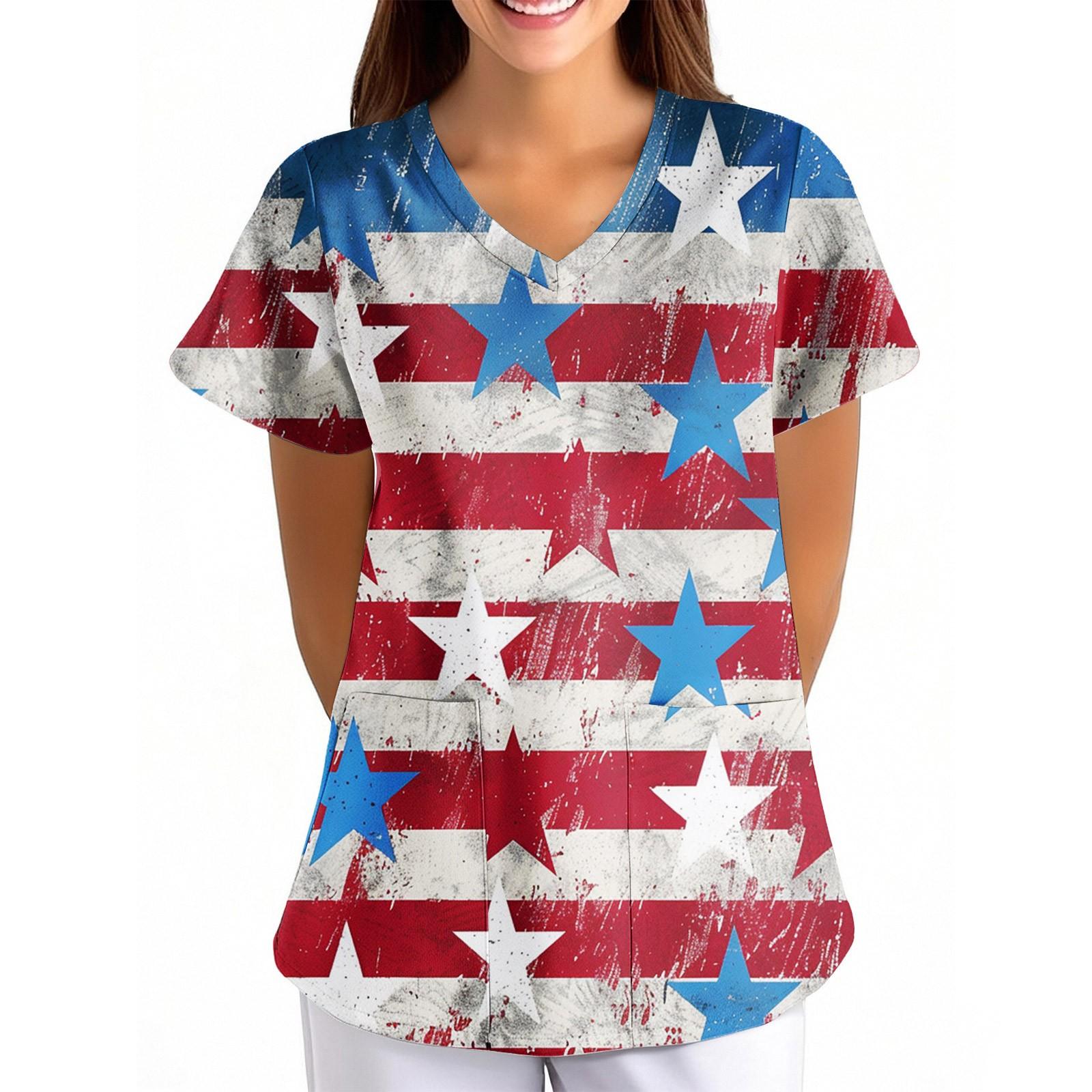 

Женская униформа с принтом Дня независимости, свободная, с V-образным вырезом, карманом и коротким рукавом XXXXL белый