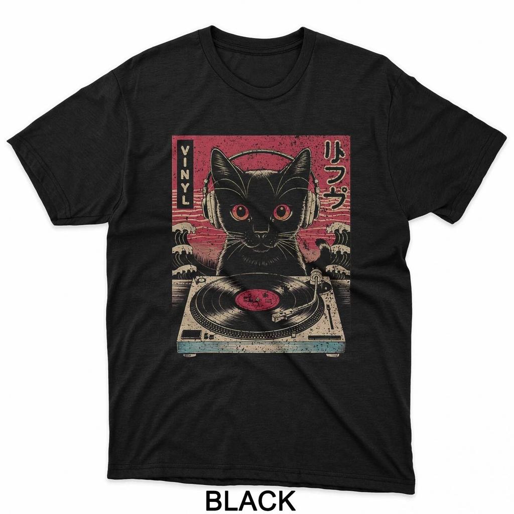 Vintage Japanese Cat With Headphones Spinning Vinyl Records T-Shirt
