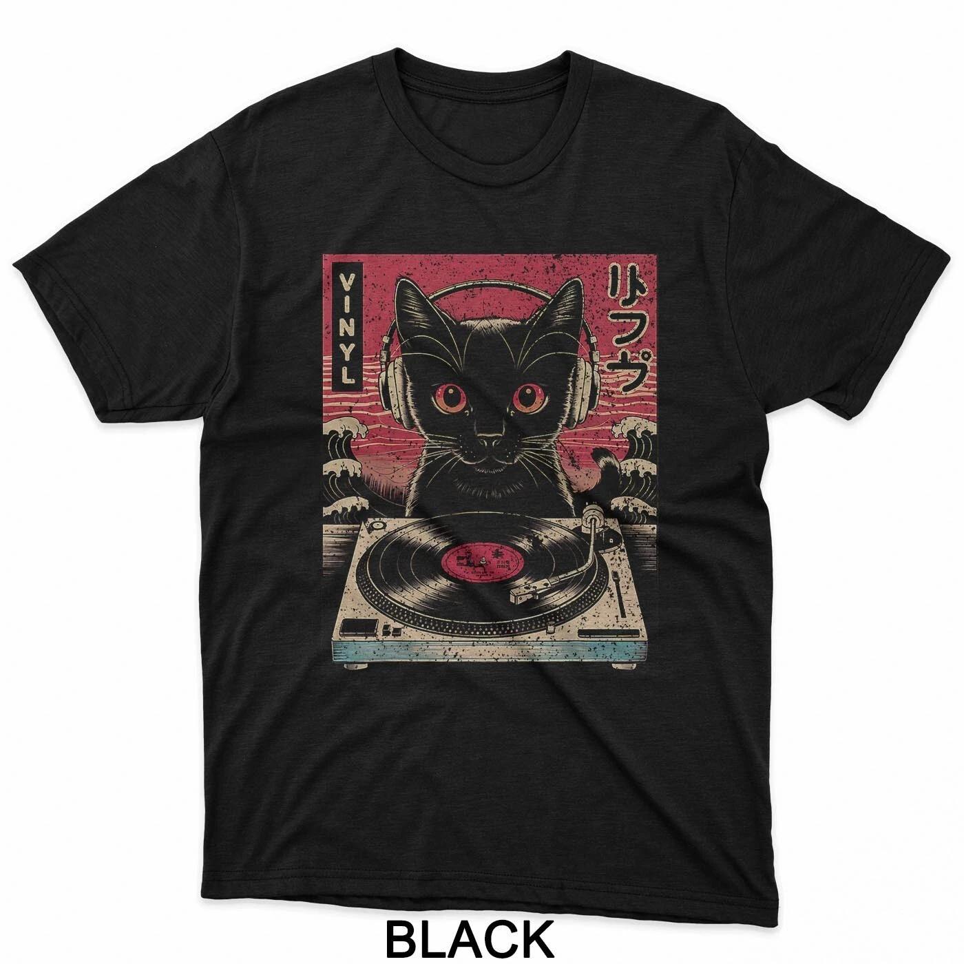 Винтажная японская кошка в наушниках, крутящая виниловые пластинки, футболка 4XL