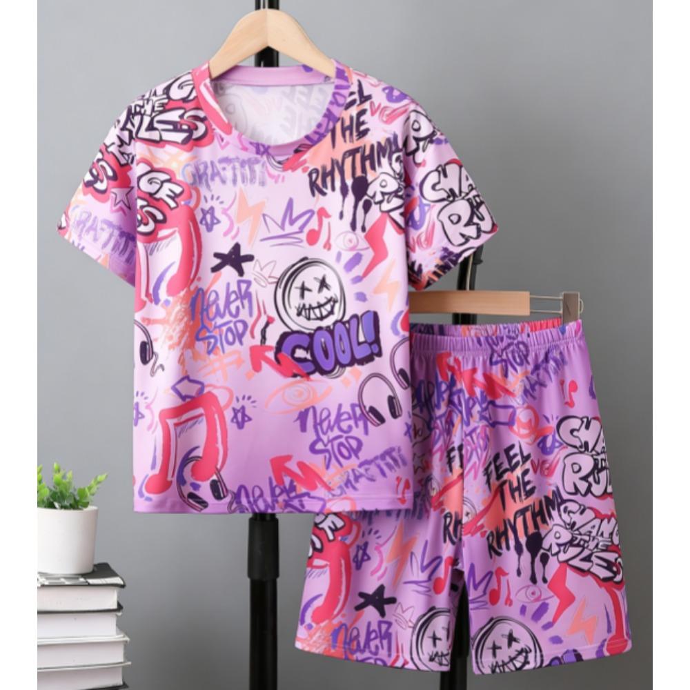 Fashion Letter Graffiti Printed Summer Kids T-shirt and Shorts 2 Piece Set Summer Casual Outfit for Boys and Girls Kids Clothing