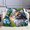 Mehrgrößen-Katze mit blauem Blumenmuster Decke Flanellmaterial Weich Warm für alle Jahreszeiten Zuhause Outdoor Camping Picknicks Wohnmobil
