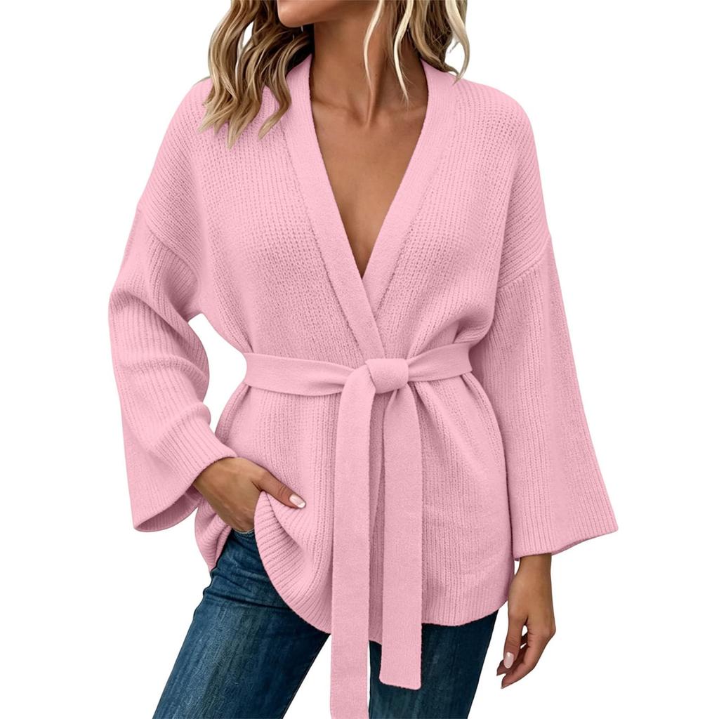 Women's Casual Knit Cardigan with Belted Waist Open Front Sweater for Everyday Wear