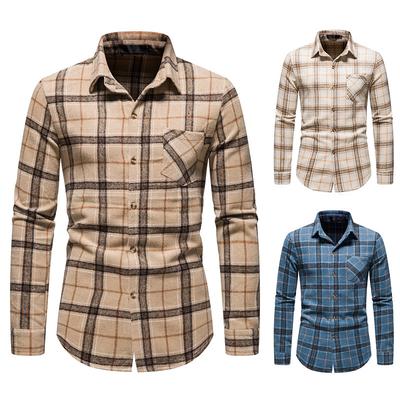 Mens Casual Plaid Flannel Shirt Long-Sleeved Chest Pocket Design Fashion Warm Shirts