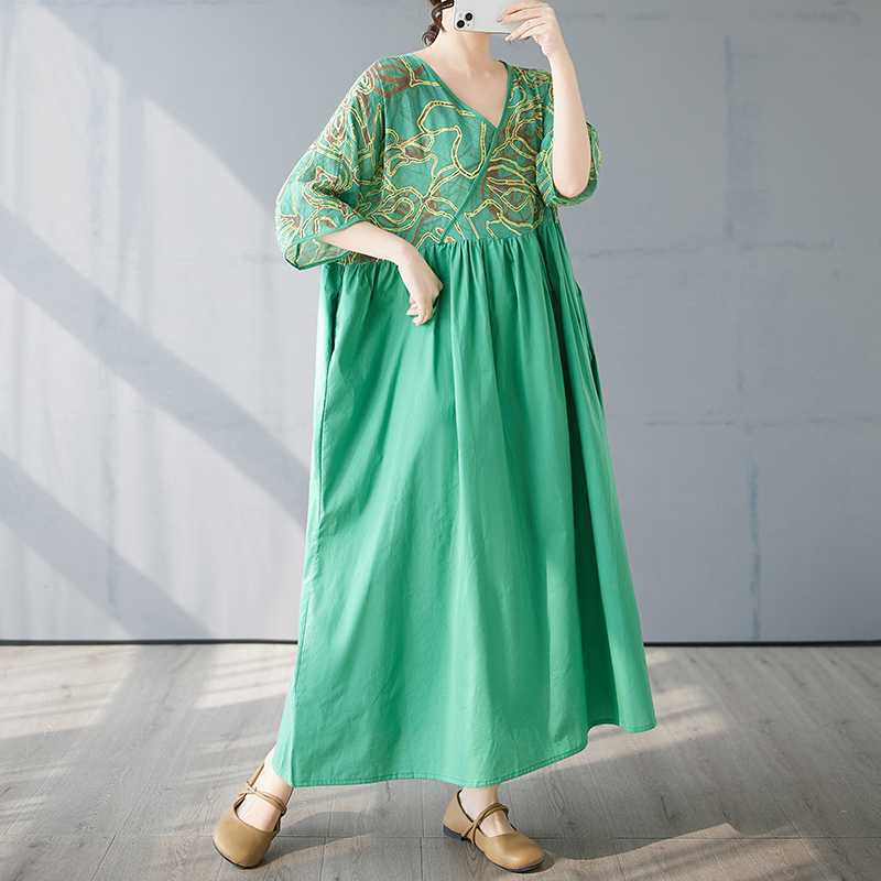 Cotton and Linen Summer Patchwork Retro Style Dress Long Skirt