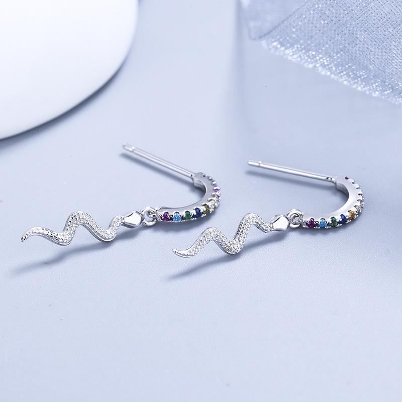 Sterling Silver Stud Earrings Personality Colorful Crystals Diamond Snake-Shaped Ear Drops Earrings Female Fashion Trend Ear Rings
