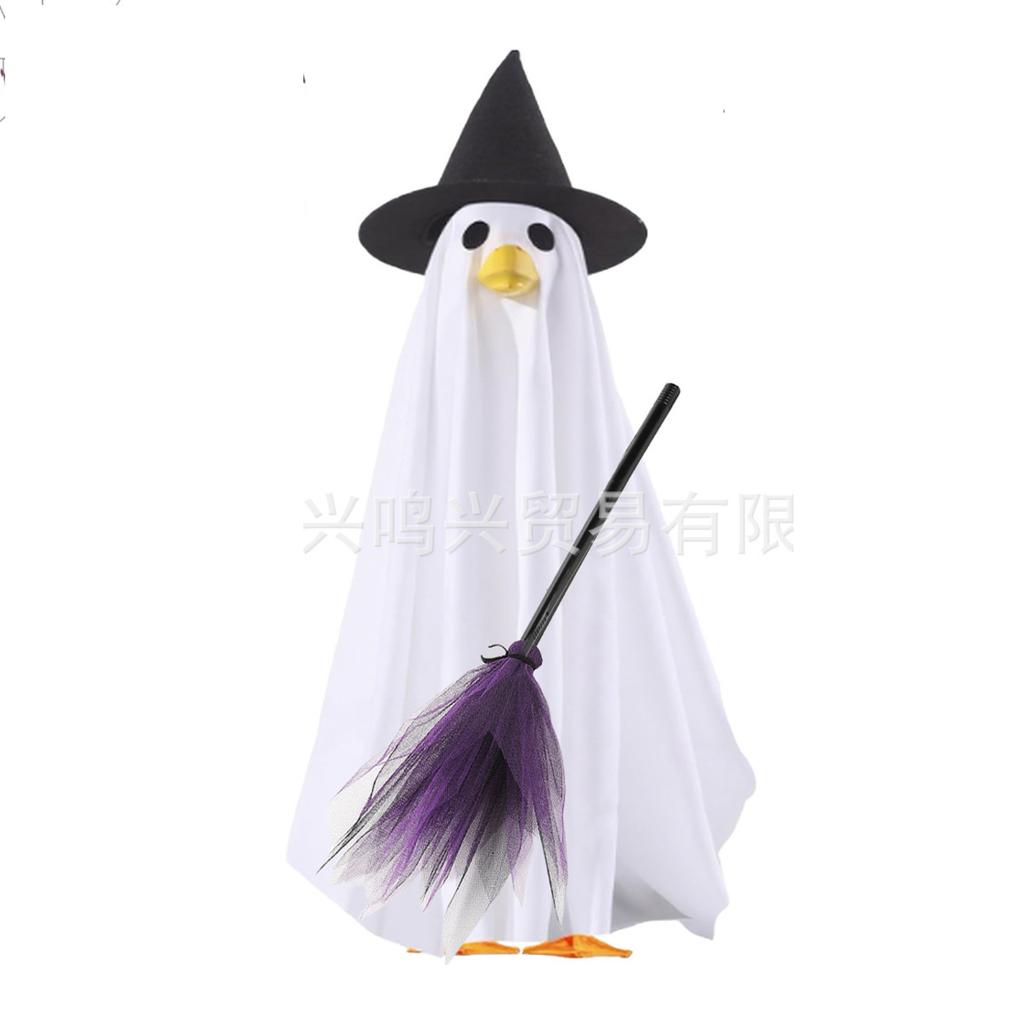 Goose Ghost Costume with Witch Hat and Broomstick Halloween Decorative Outfit for Outdoor Garden Yard Decoration