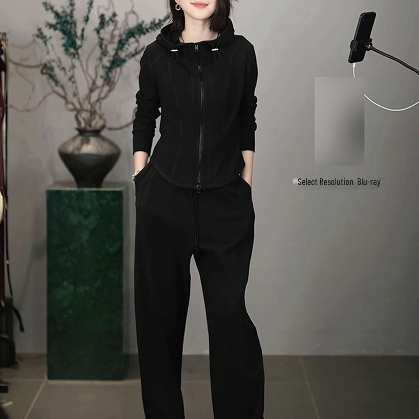 

Women s 2026 Spring Slimming Sportswear Set: Waist-Cinching Top & Wide-Leg Pants S чёрный