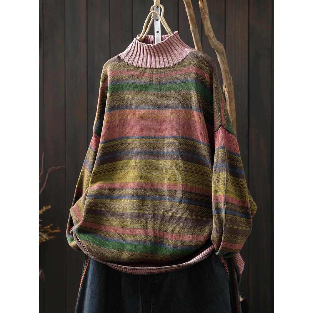 Winter Women's Colorful Striped Oversized Knit Sweater with Half-High Collar
