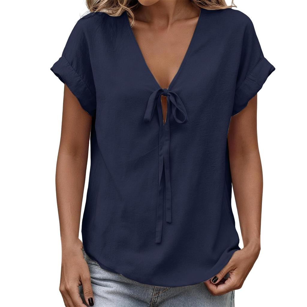 Women's Fashion Casual -Colour V-Neck Tie-Front Short-Sleeved T-Shirt Top