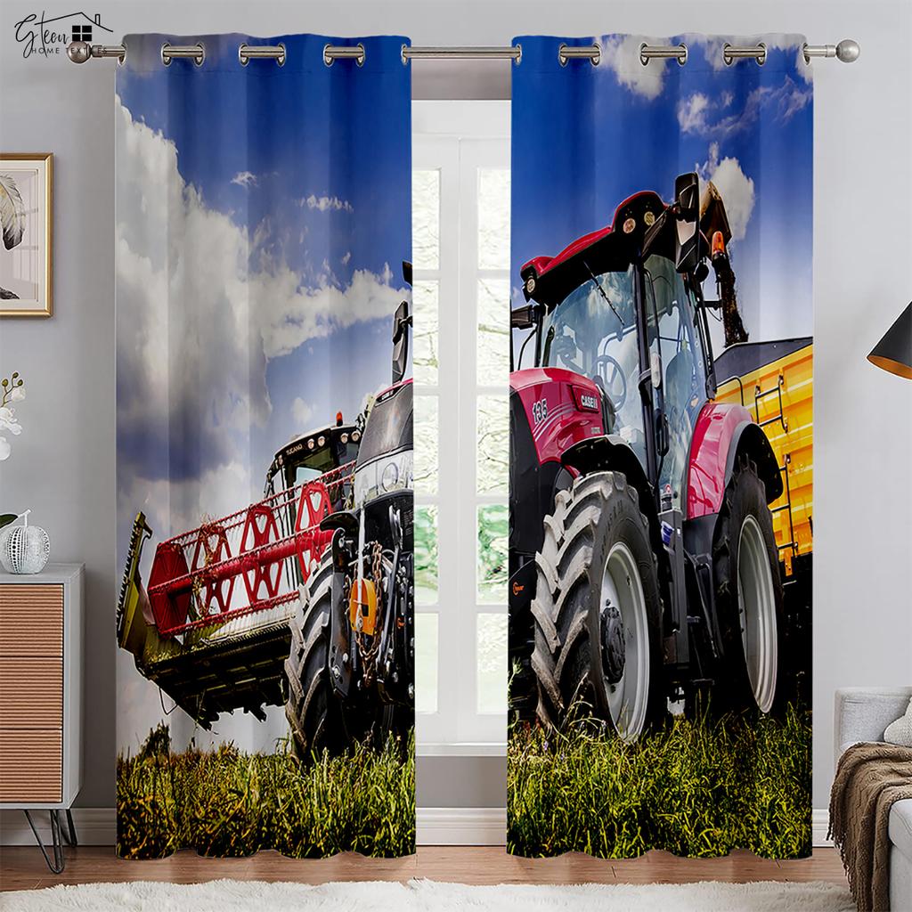 Tractor Farm 3D Printed Curtains Industrial Style Polyester Fiber Curtains Living Room Bedroom Kitchen Decorative Curtains 2PCS