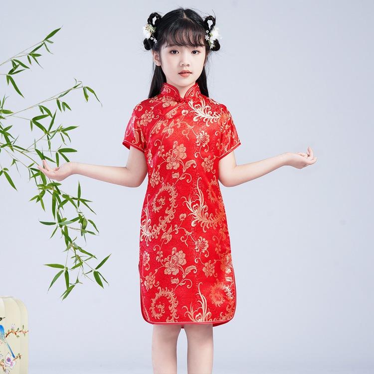 Chinese Style Girls Cheongsam Dress Brocade Summer Retro Button Stand Collar Stage Performance