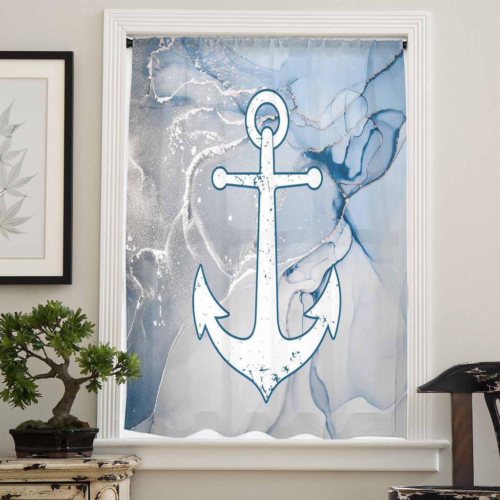 Retro Abstract Paint Boat Anchor Pink Blue Fluid Art Sheer Curtains for Kids Living Room Voile Window Curtains Tulle Drapes