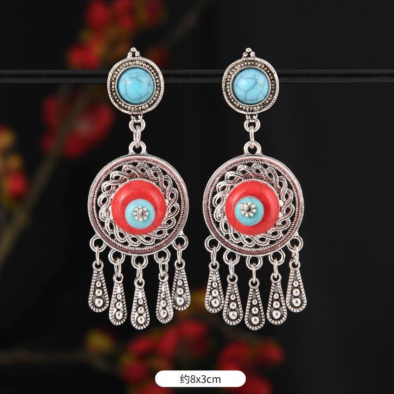 Mongolian minority stud earrings retro women's long tassel Tibetan silver earrings Tibetan exotic Chinese earrings