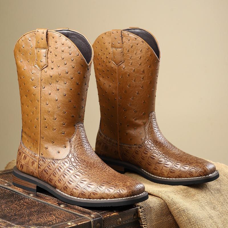 Mens Western Cowboy Boots Retro Handmade Embroidery Leather Boots Fashion Mid-Calf Boots for Men Motorcycle Knight Booties Botas