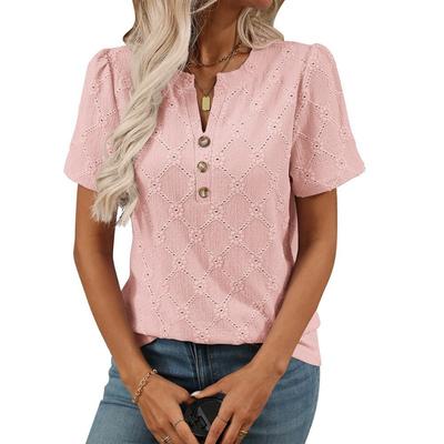New Summer Round-neck Short-sleeved Floral Jacquard Top Button T-shirt