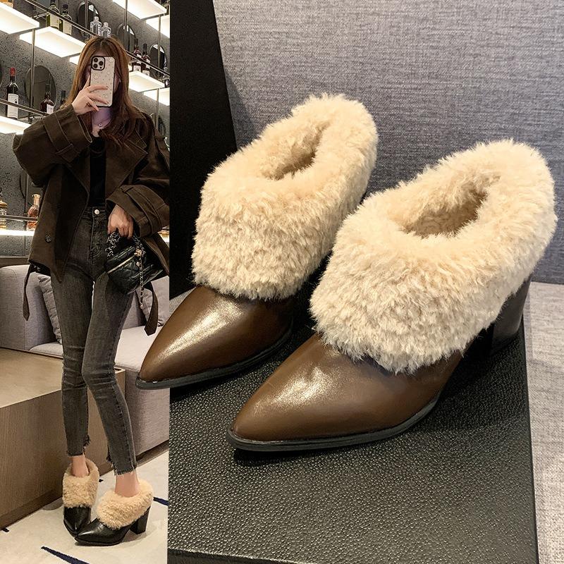 One-pedal fluffy high-heeled bare boots, winter plush warm fashion boots, new pointed-toed plush single shoes
