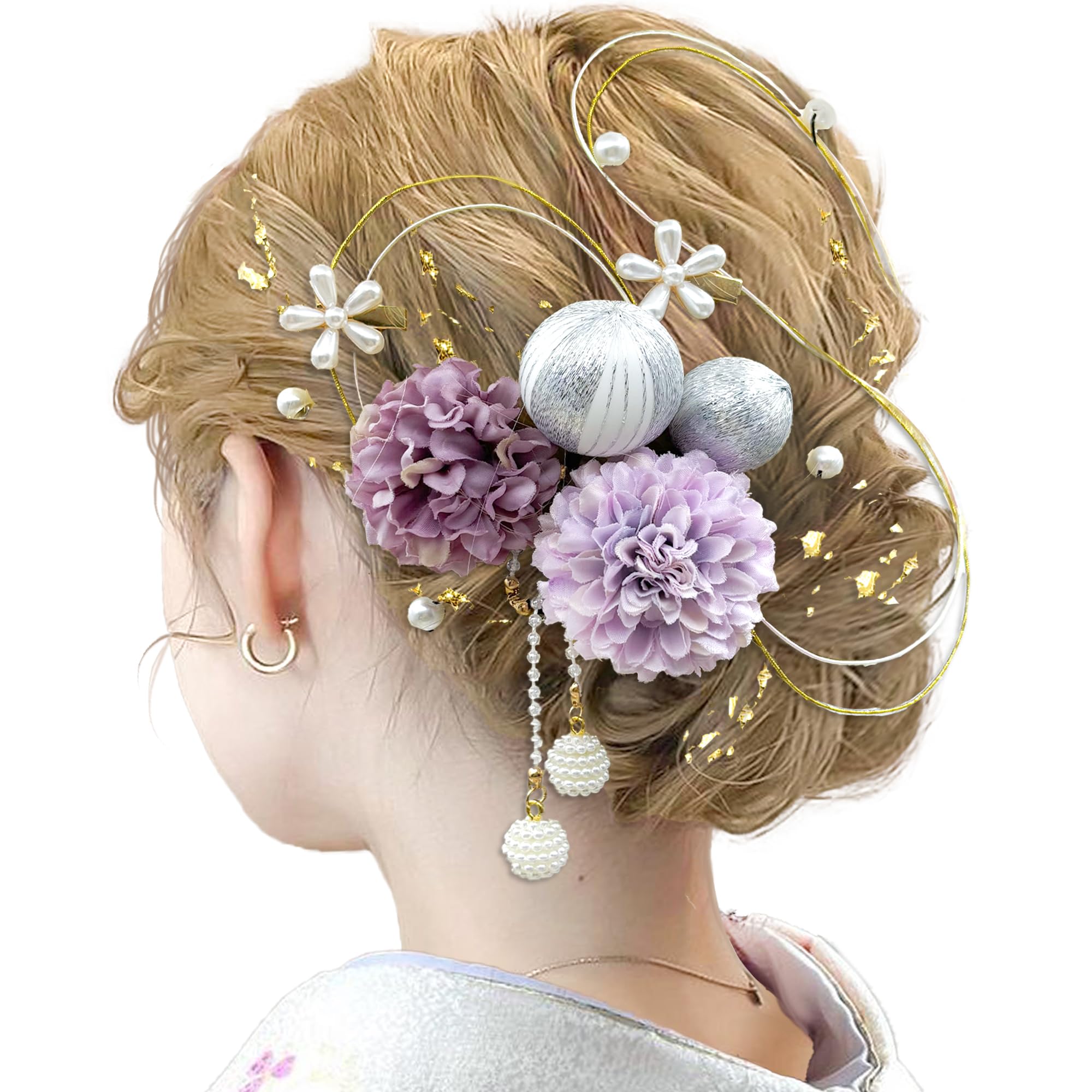 

[JZOON] Yukata Hair Ornament 15-Piece Set for Coming-of-Age Ceremony, Graduation Ceremony, Furisode, Kimono, Hakama, Dried Flowers, Gold Leaf,