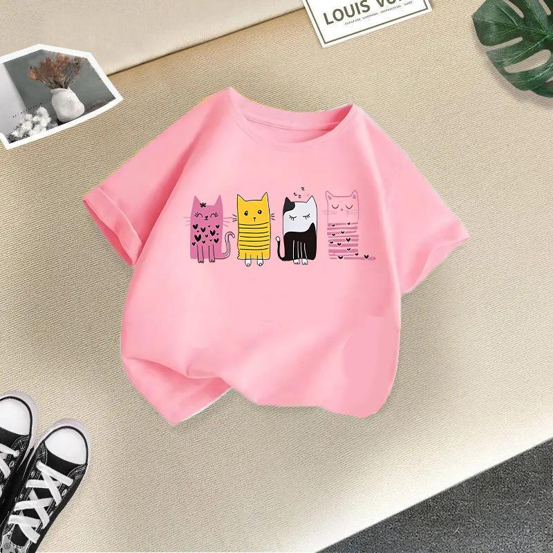 2025 Cute Cat Printed Summer New Product Children's Clothing Children's Short Sleeved T-shirt Baby Fashion T-shirt