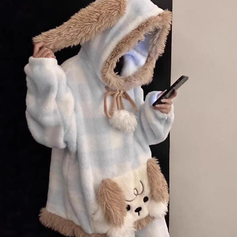 Women's Curly-haired Puppy Hooded Coral Fleece Pajamas - Spring New Style, Warm, Thickened, Fleece-Lined Home Wear Set