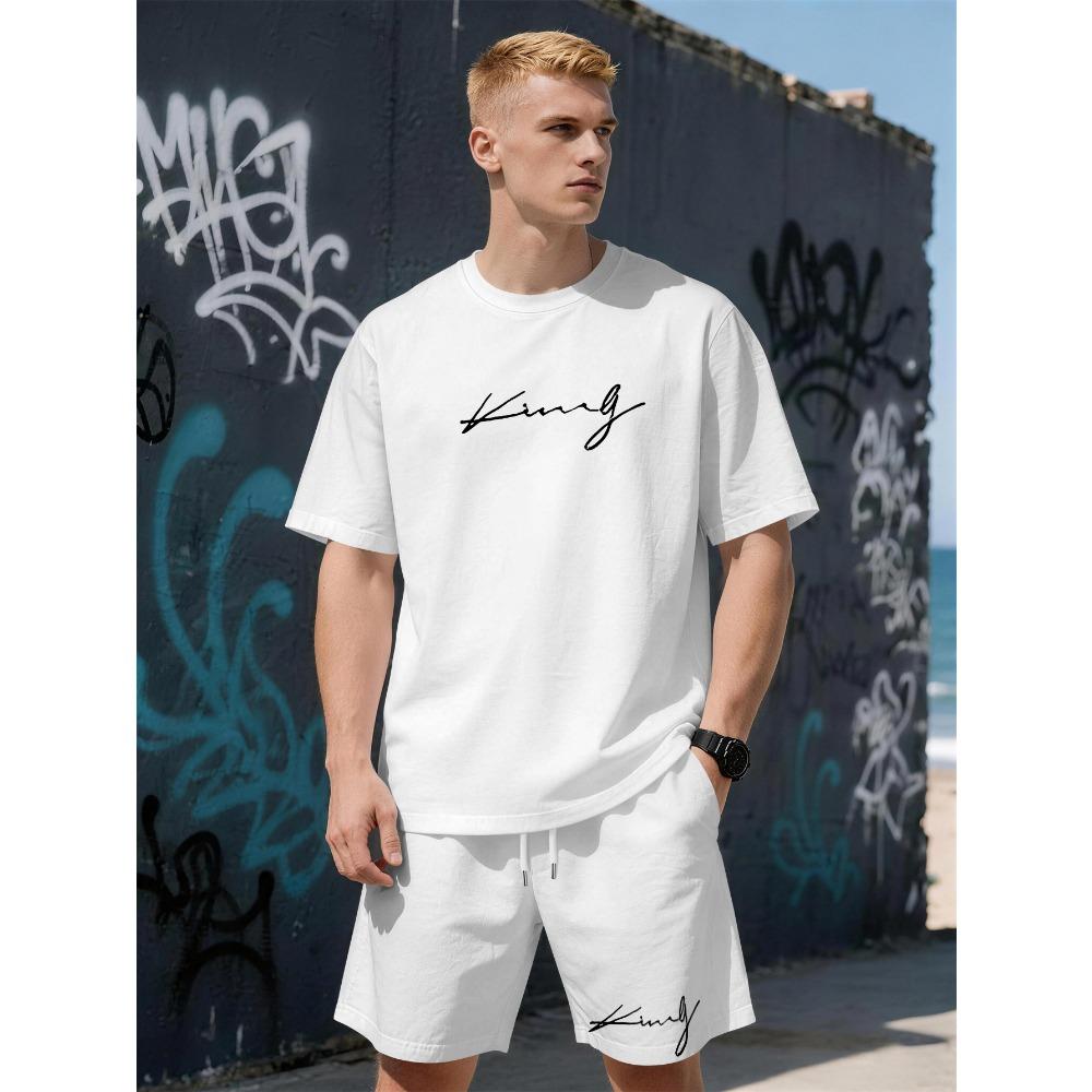 

Summer Men s Short-Sleeved Set with 3D Simple Letter Print - Fashionable Street Style Comfortable Lightweight Soft S