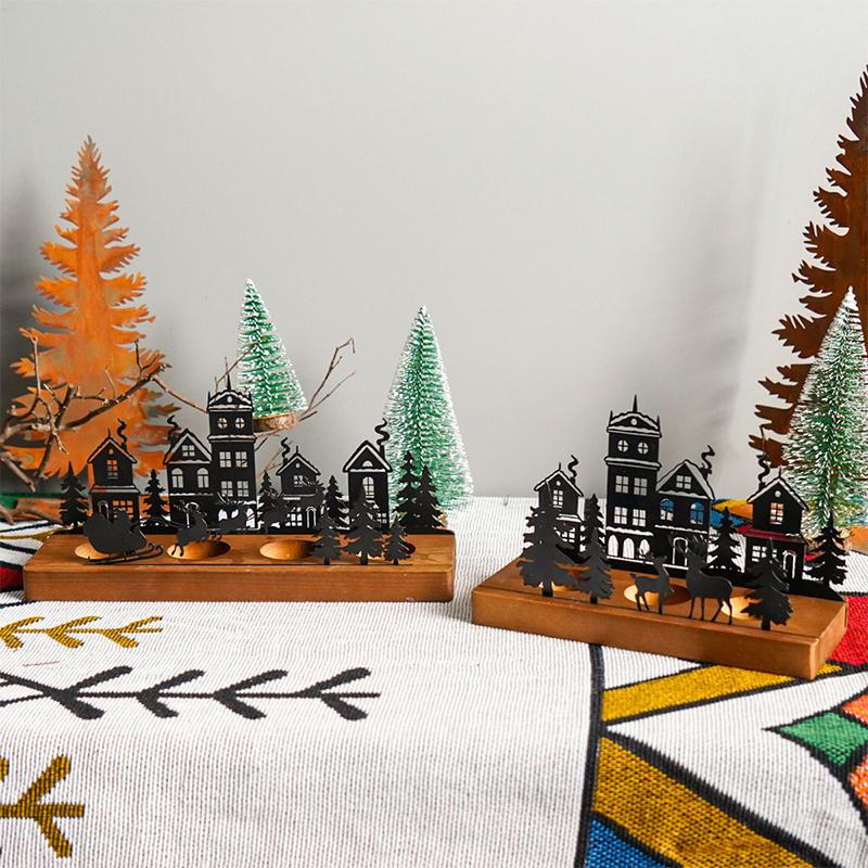 1PC Metal Rustic Wooden Holiday With Reindeer Design Festive Black Silhouette Candlesticks Desk Top Decor 2 Sizes