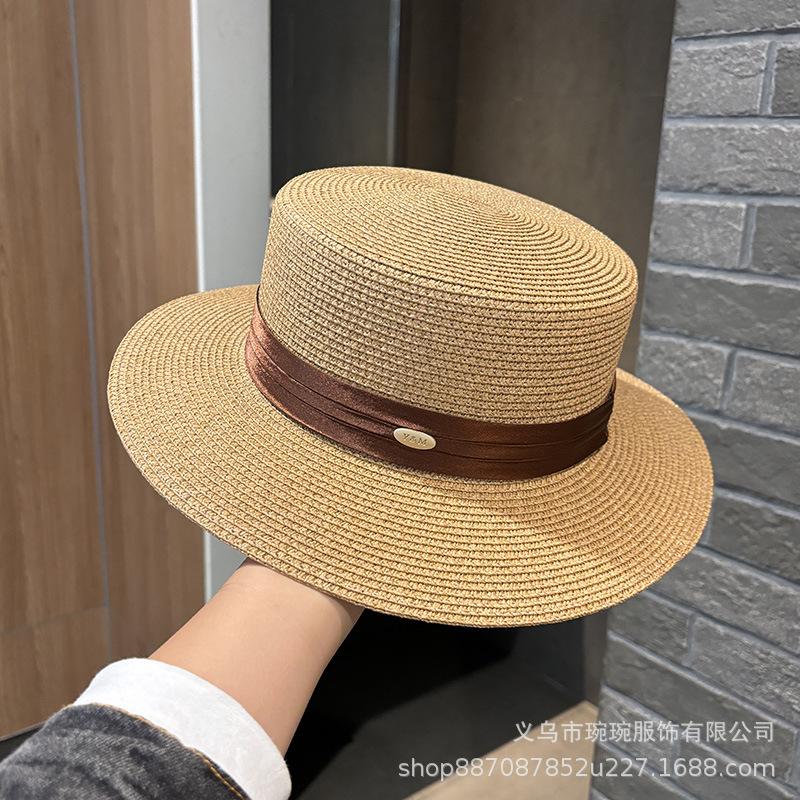 French Elegant Generous Flat Top Flat Brim Straw Hat Women's Spring and Summer Big Brim Sunshade Sun Protection Outdoor Travel Beach Sun Hat
