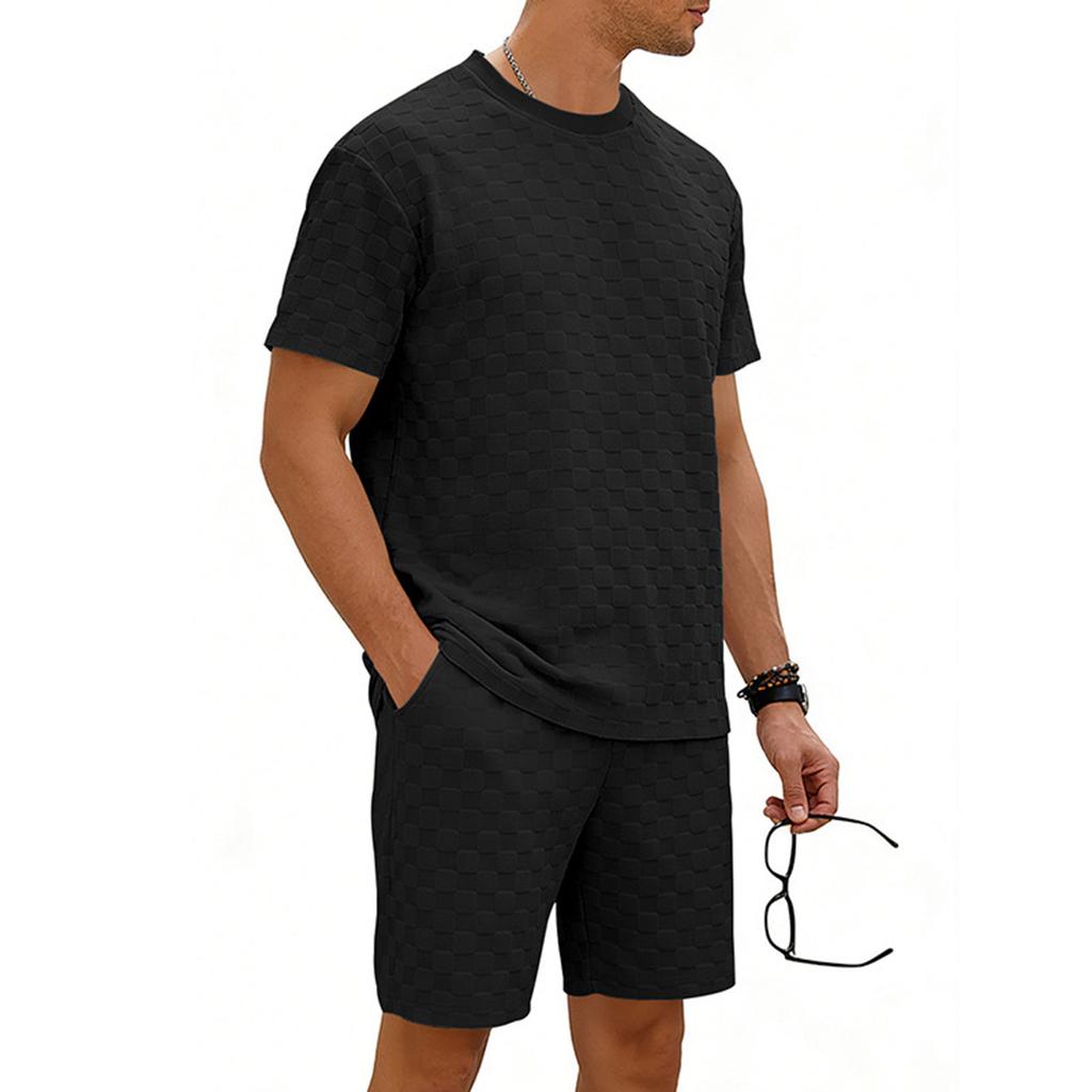 Men's Round Neck Checkered Casual Short Sleeve Drawstring Shorts Set