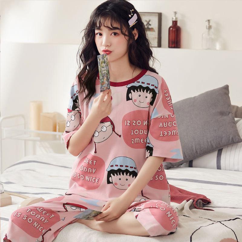 Women's Summer Pajama Set - Round Neck, Short Sleeve, Seven-Point Pants, Comfortable Casual Two-Piece