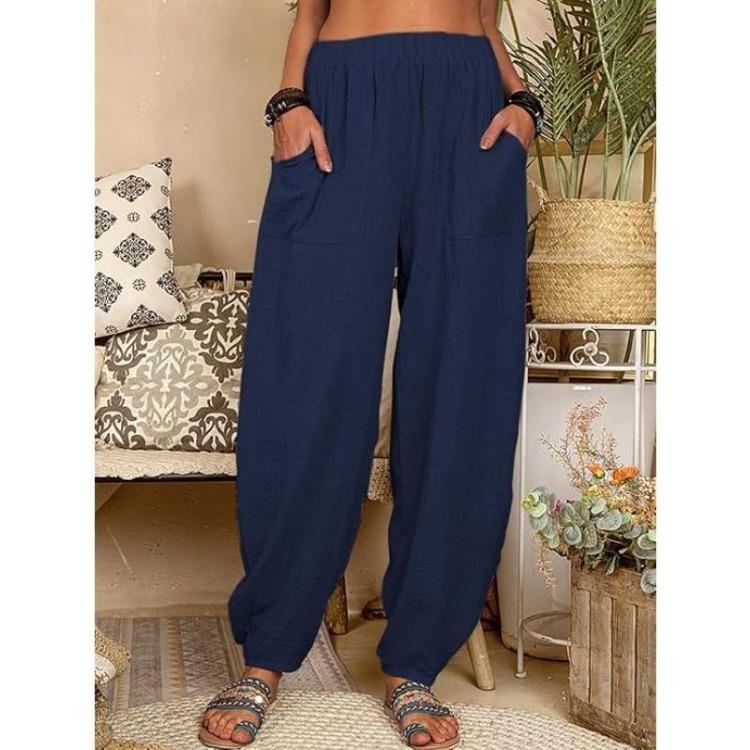 Summer Casual Women's Cotton Linen Elastic Waist Wide Leg Retro Harem Pants Large Size Home Pants