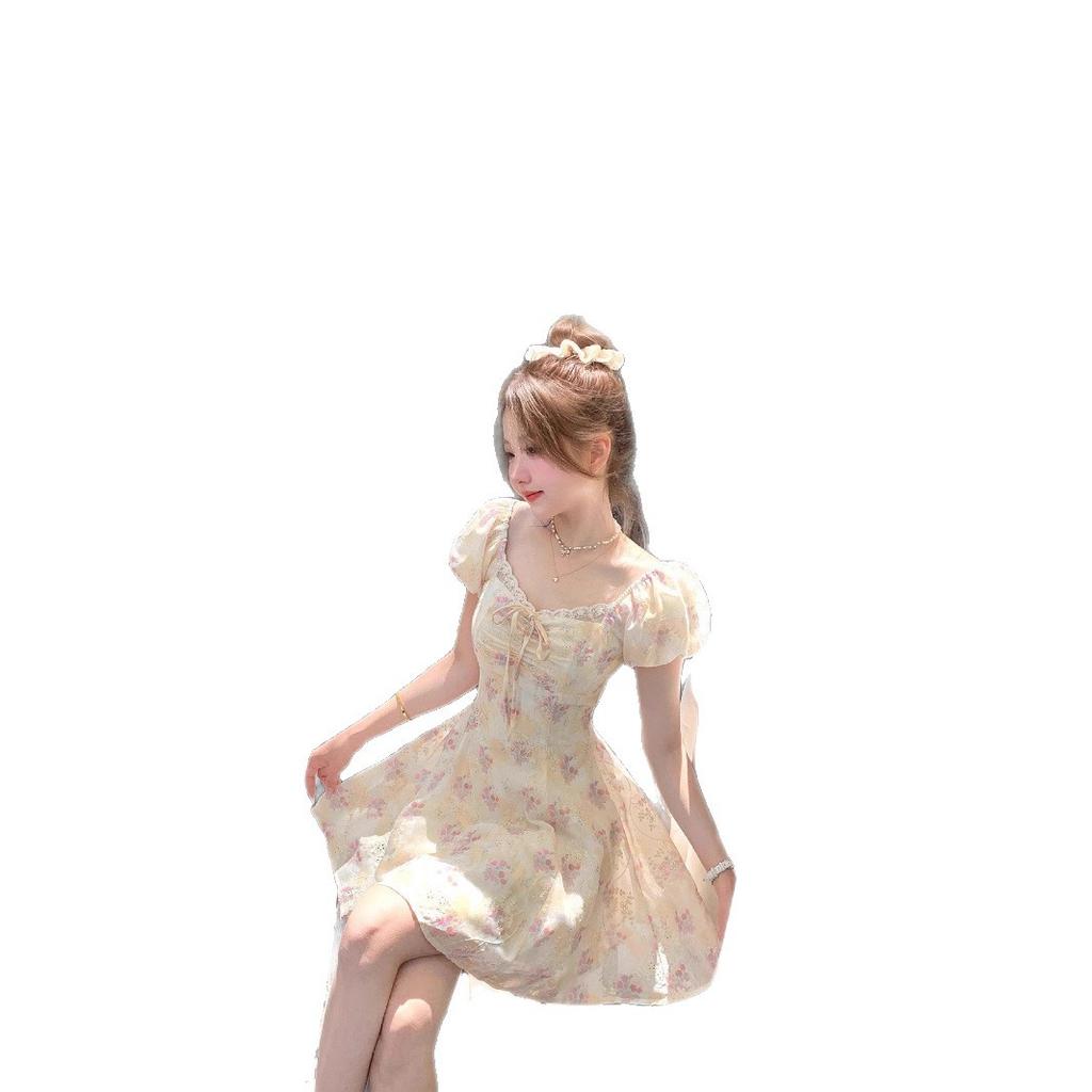 2026 new bubble sleeves one-word shoulder French floral short-sleeved dress women's small summer beautiful small skirt