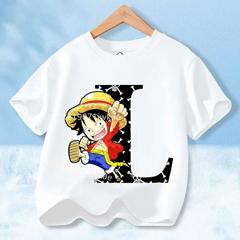 2026 New One Piece Letter A-Z Anime Luffy Gear  Cartoon Graphic Cotton T-shirt for Children Summer Sports Tees Casual Kids Tops