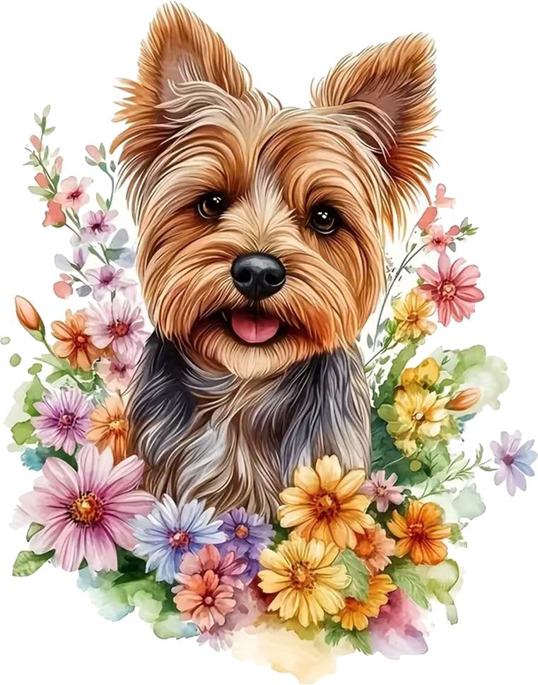 QT2028#15cm Yorkshire Terrier und Blumig Wasserdichter Auto-Dekorationsaufkleber, Geeignet für Autos, Laptops, Stoßstangen, Glasfenster-Aufkleber