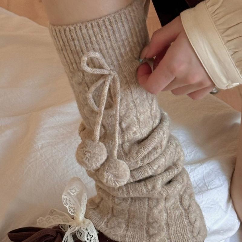 Fashionable Plush Balls Bows Adorned Leg Warmers for Women's Cable Knitted Stretchy Leg Covers Sleeves Calf Socks