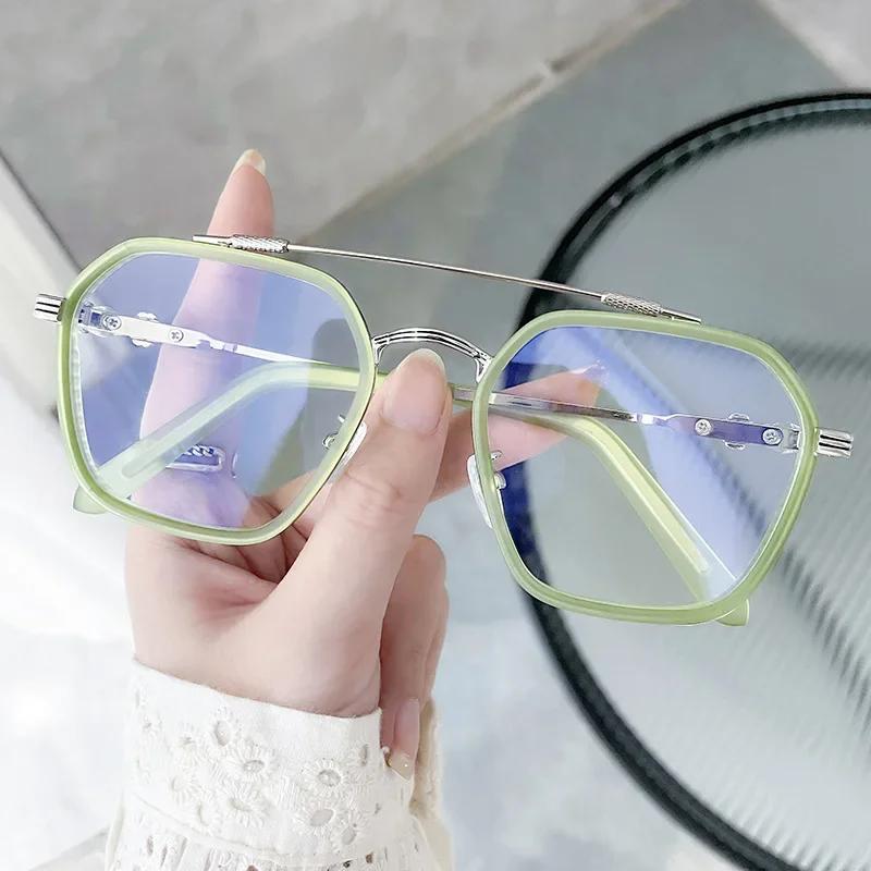 Women Trend Retro Plain Face Myopia Eyewear Fashion Double Beam Metal Glasses Men Blue Light Blocking Eye Protection Eyeglasses