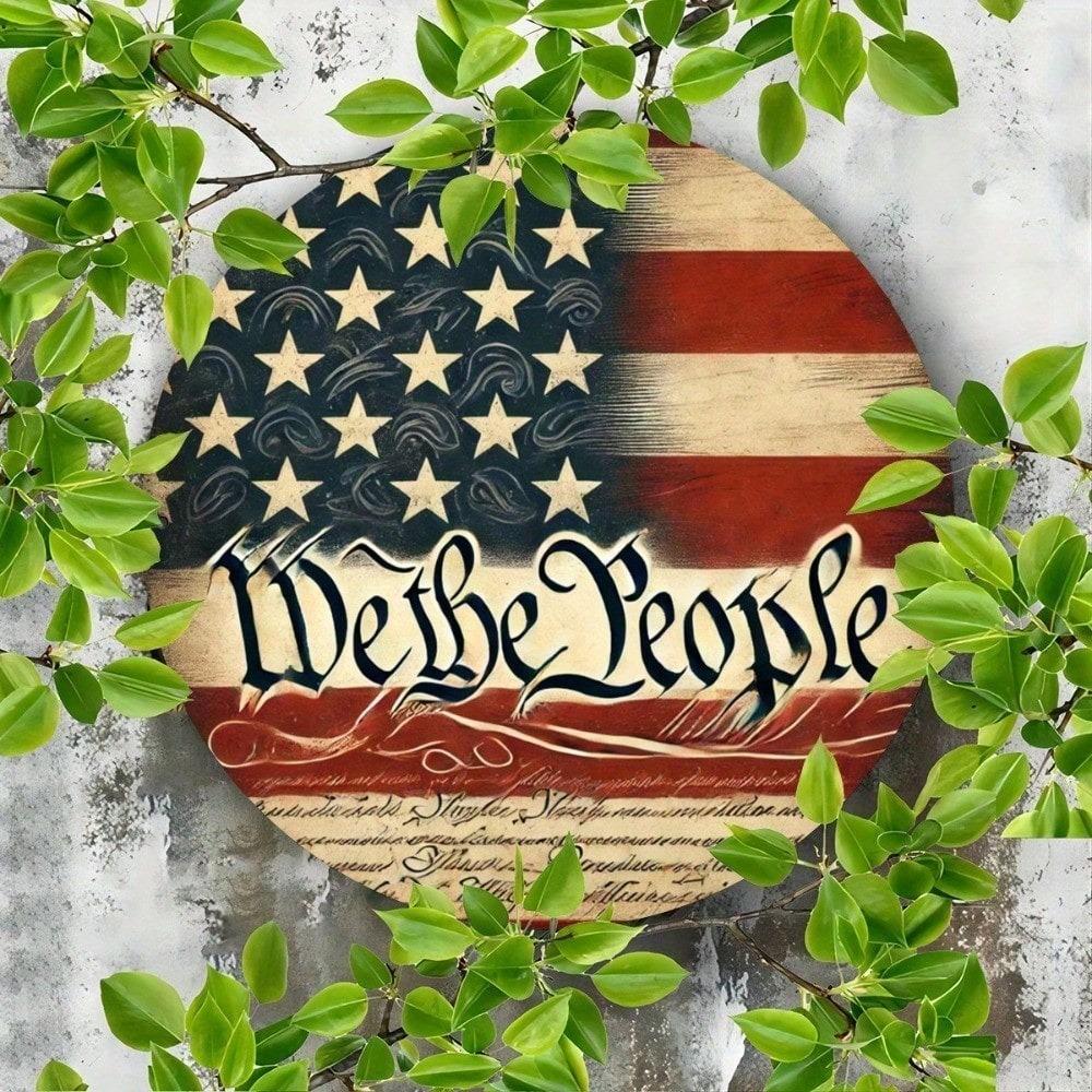 8 Inch Round Metal Tin Sign American Flag Wall Decor for Home Yard