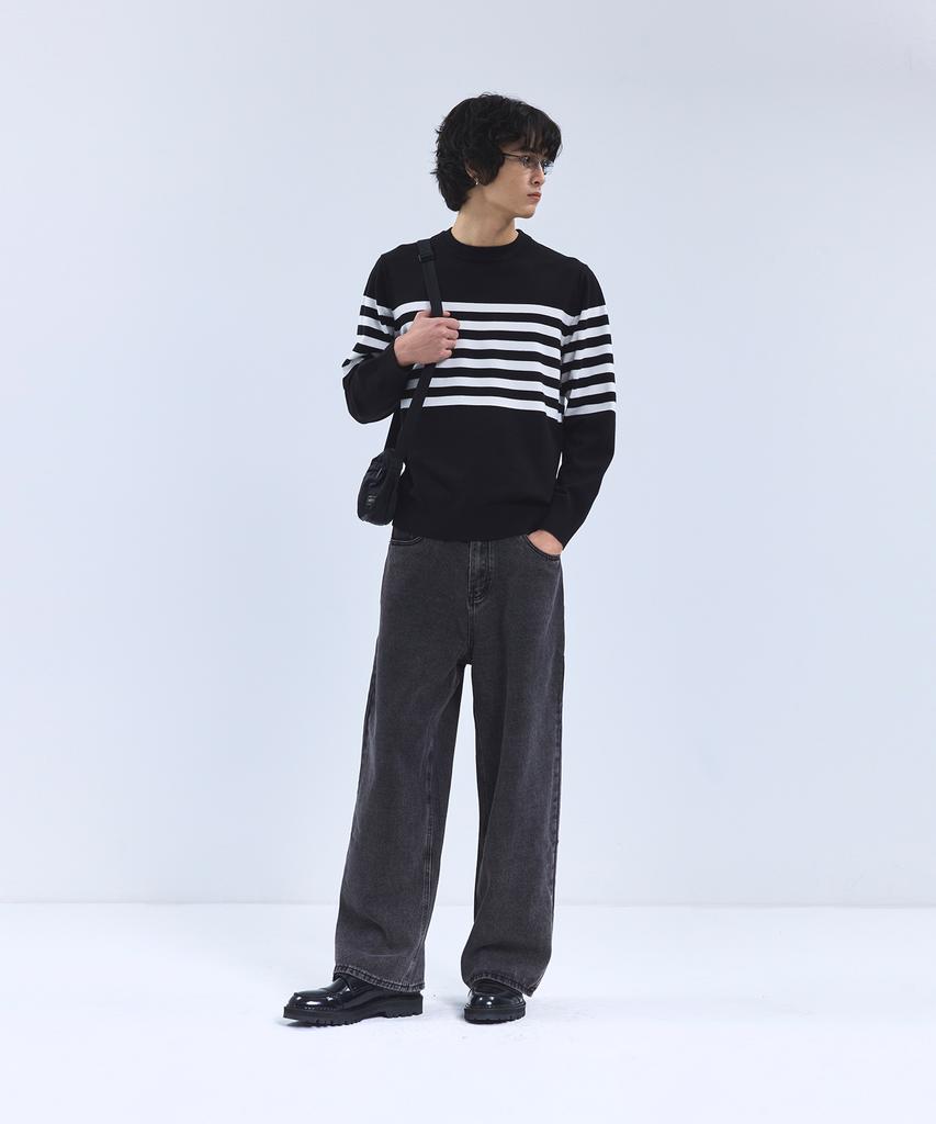 IRONYPORNO WHITELINE 86-Iroj366 Solid Striped Long Sleeve Knit Black