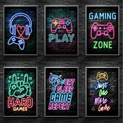 Nordic Cats And Gaming Neon Art Posters and Prints Canvas Painting Wall Pictures for Boys Game Room Wall Decor Home Decor