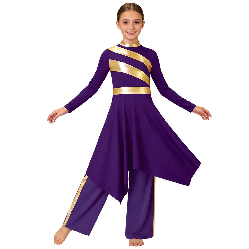 Kids Girls Church Dance Performance Set: Mock Neck Long Sleeve Metallic Patchwork Dress with Asymmetrical Hem & Matching Wide-Leg Pants